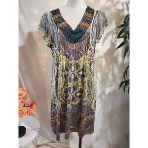 One World Beaded V-Neck Paisley Dress Size XL Boho Hippie Short Sleeve Stretch